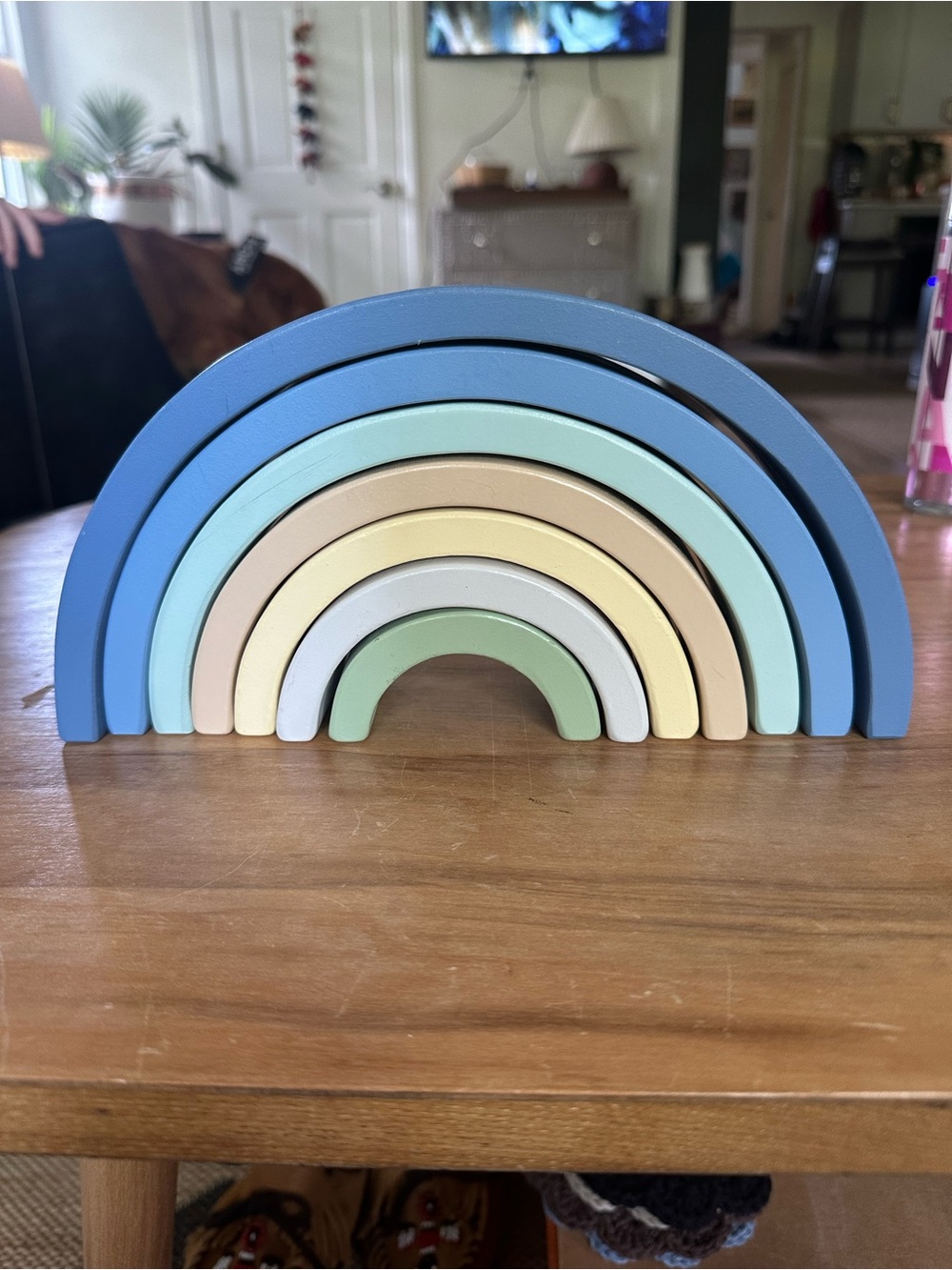 7 piece stacking wood  rainbow toy blue green neutrals